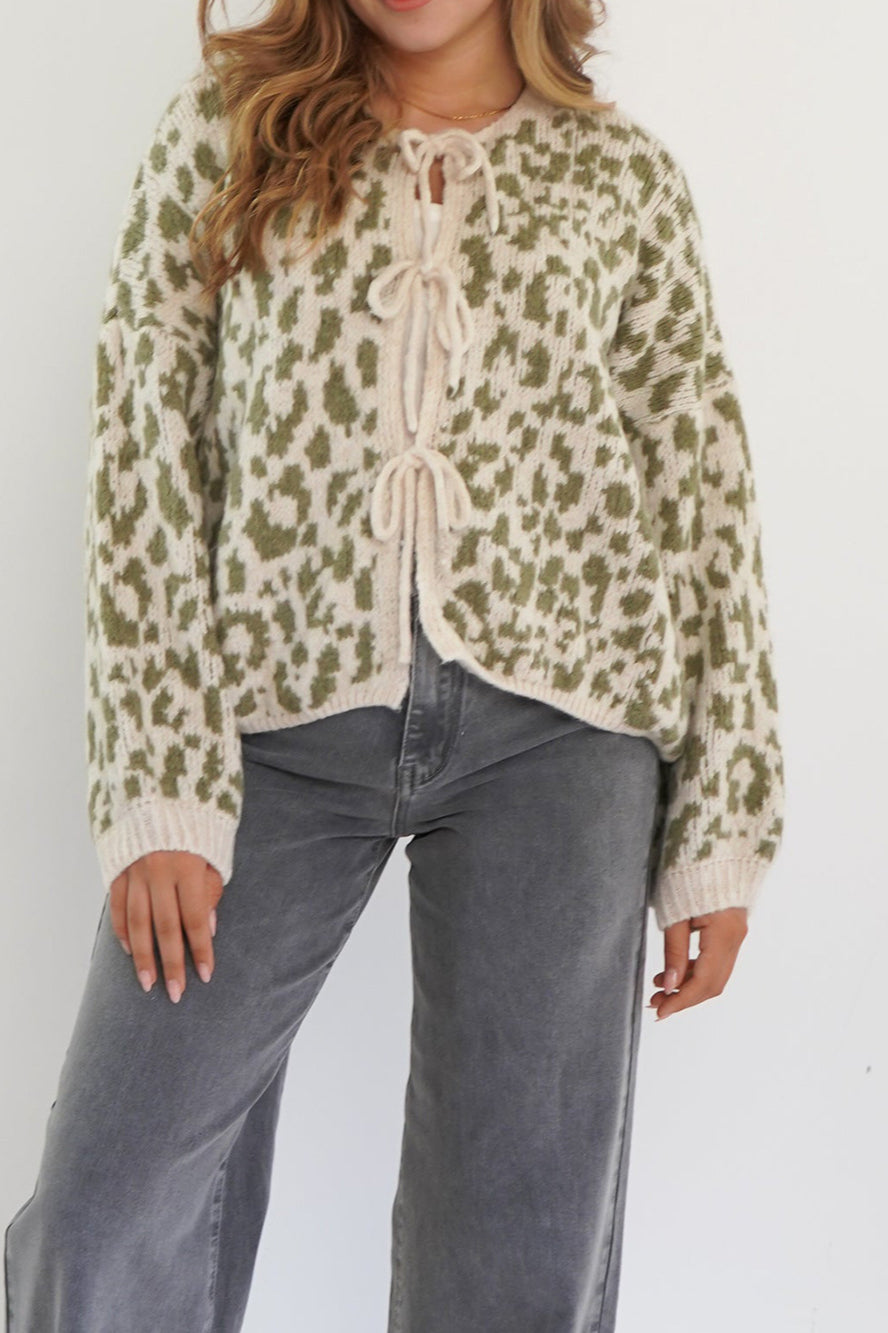 Animal Print Front-Tie Knit Cardigan