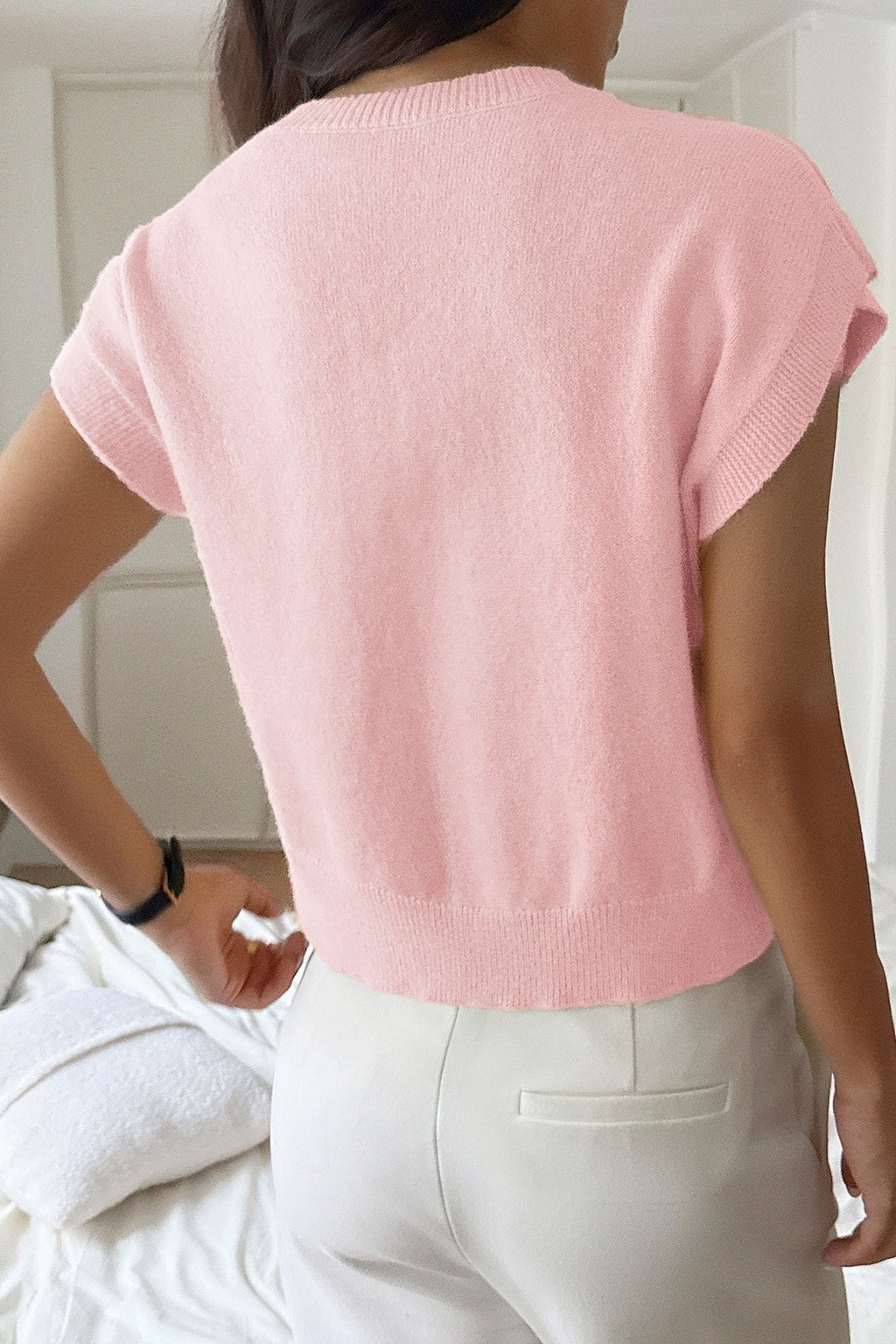 Deep V Short Sleeve Solid Sweater