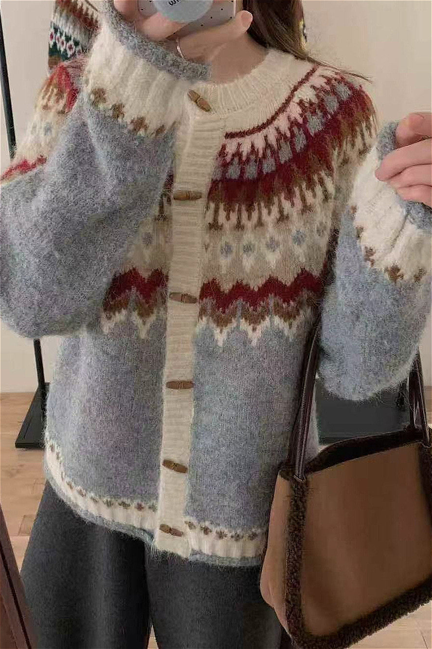 Crew-Neck Fair Isle Horn Button Cardigan