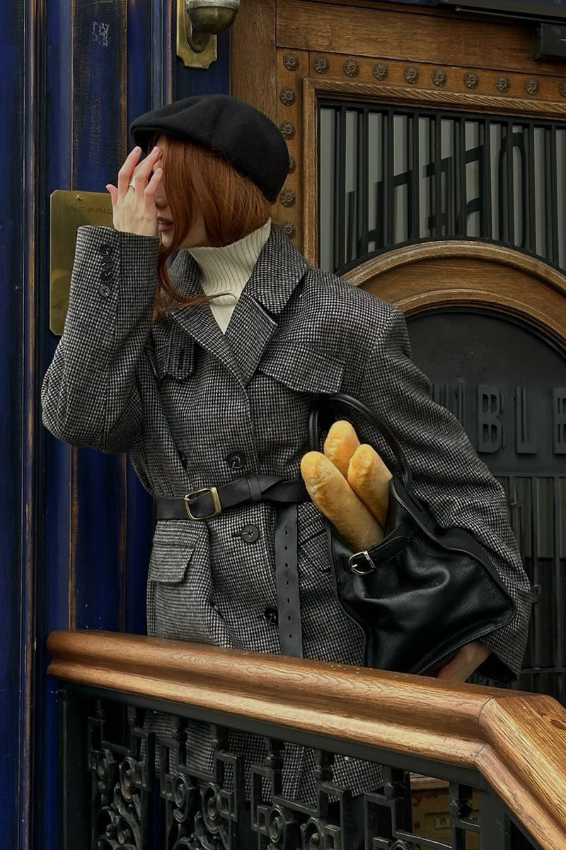 Houndstooth Wool Double Breasted Mid Trench Coat