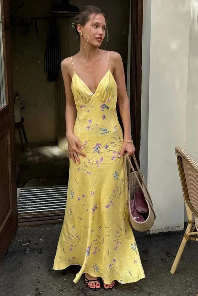 Casual Yellow Print Strap Floral Dress