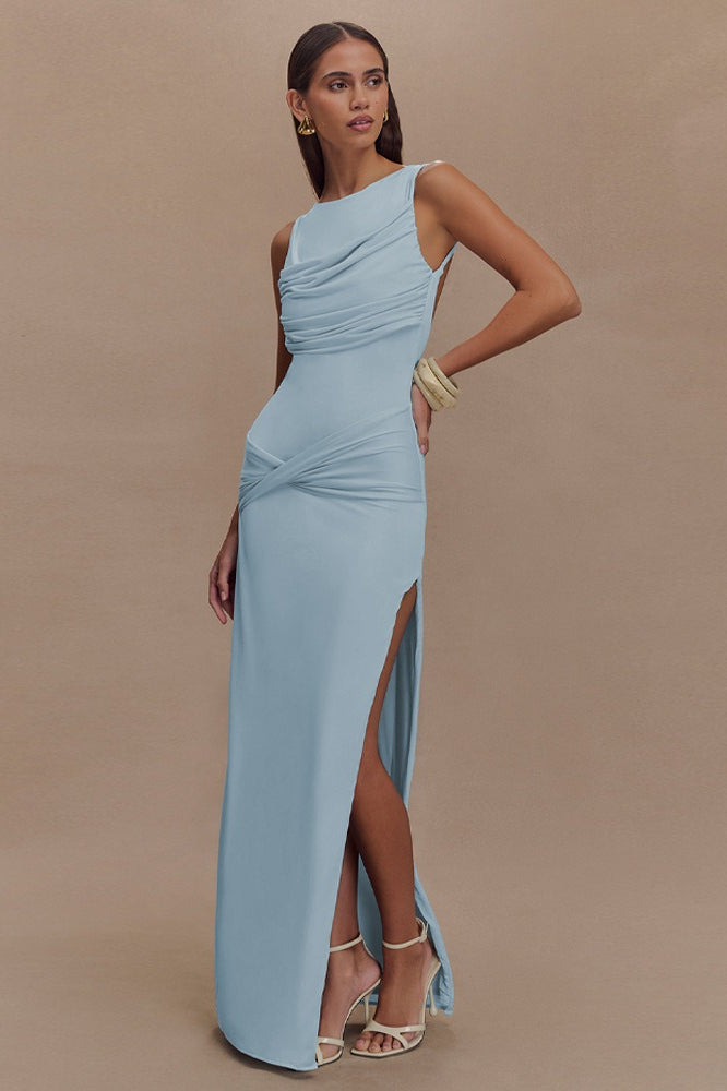 Ruched Split Open Back Maxi Dress