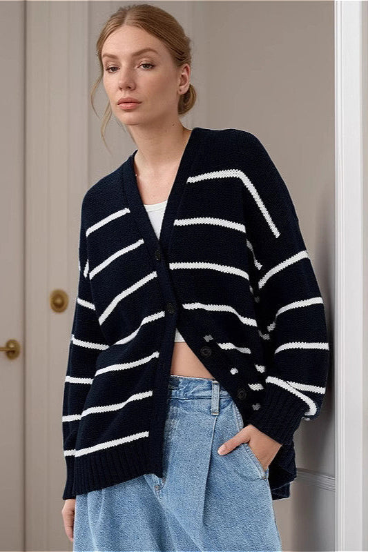 Striped Cotton V-Neck Knit Cardigan