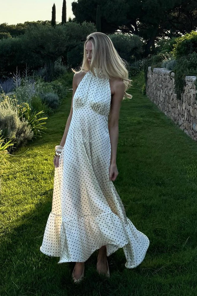 Polka Dot Satin Open Back Maxi Dress