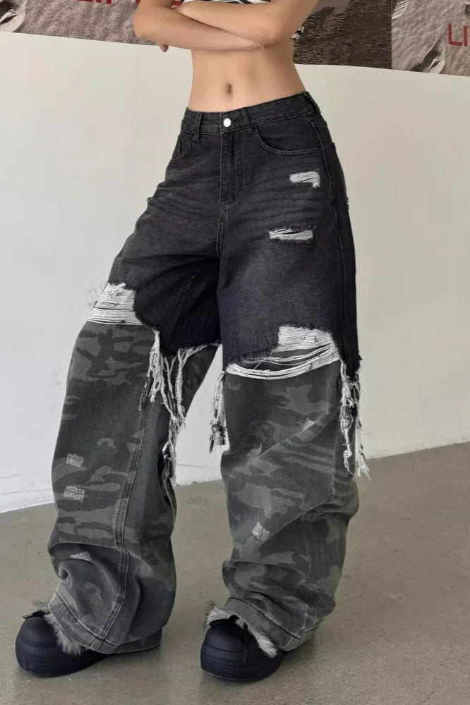 Camouflage Patchwork Baggy Wide Leg Jean