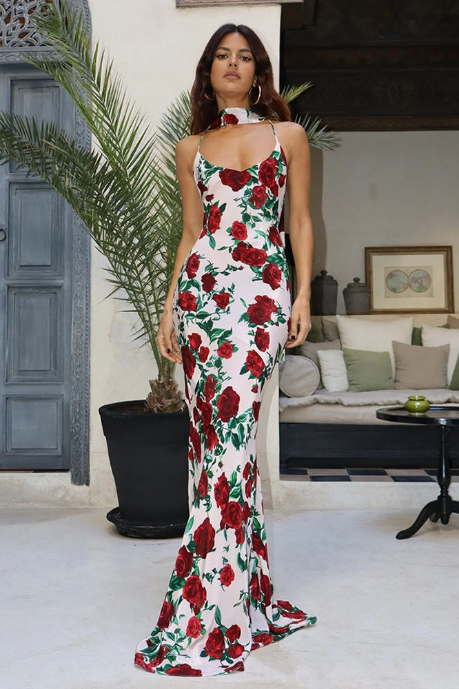 Floral Deep V Open Back Maxi Dress