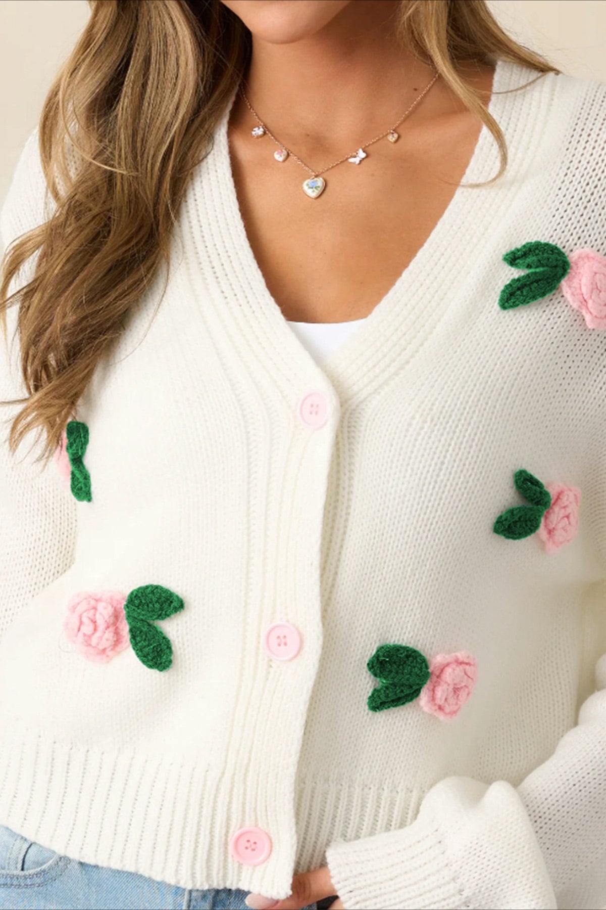 3D Floral Buttoned Knit Cardigan