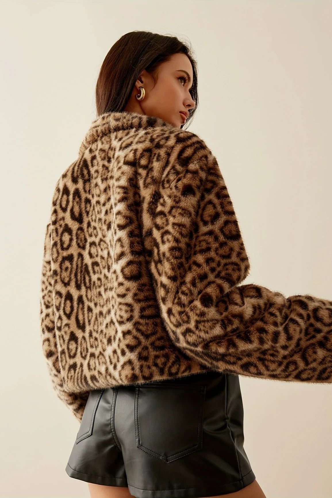 Fleece Leopard Print Notch Collar Mini Coat