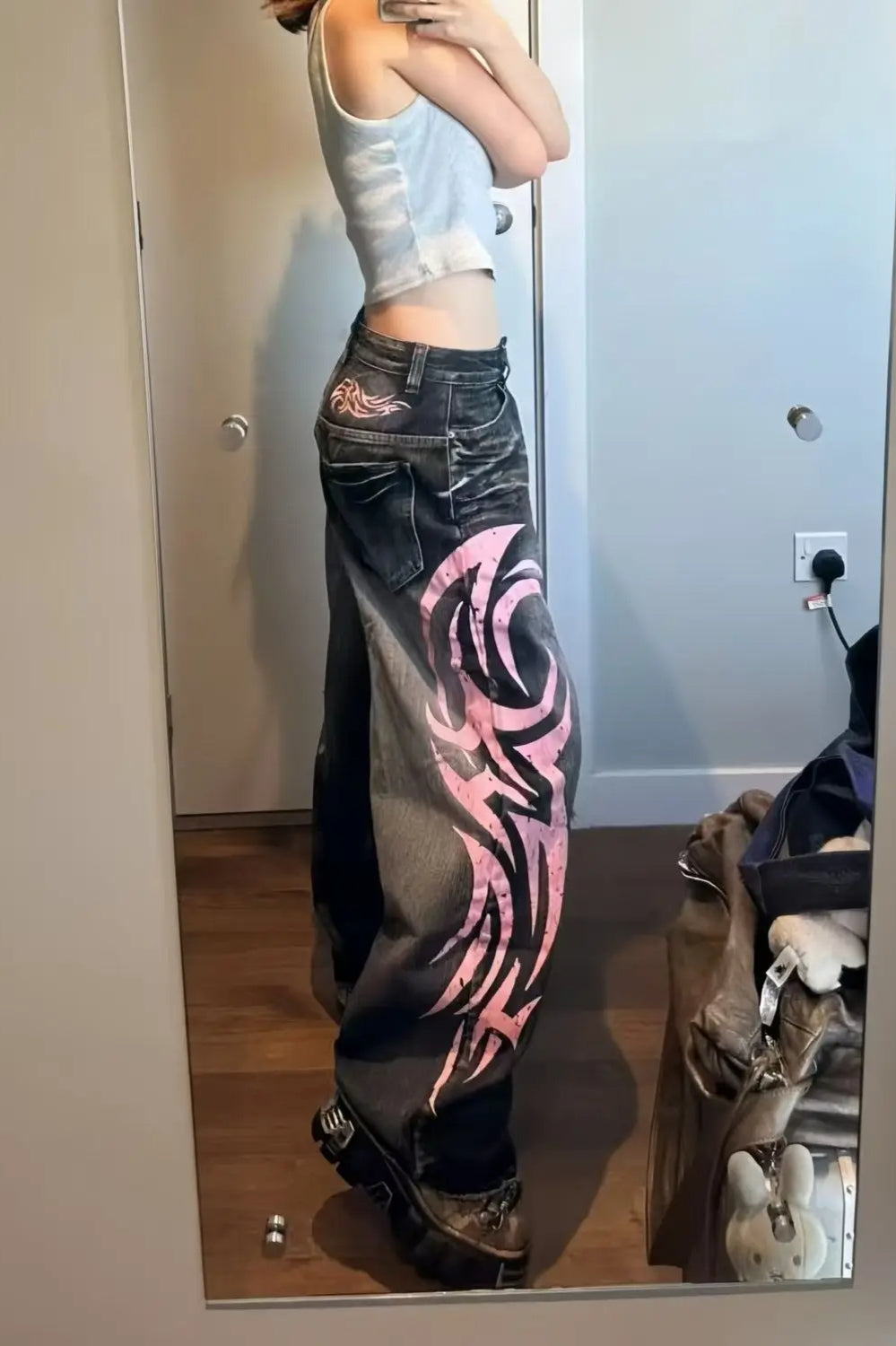 Vintage Print High Waist Wide Leg Jean