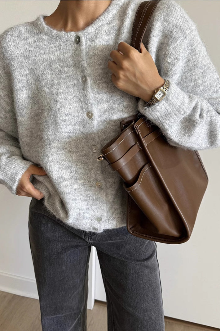 Gray Wool Shell Button Knit Cardigan
