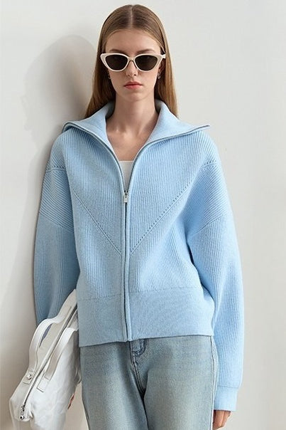 Sailor-Collar Zip Cozy Knit Cardigan
