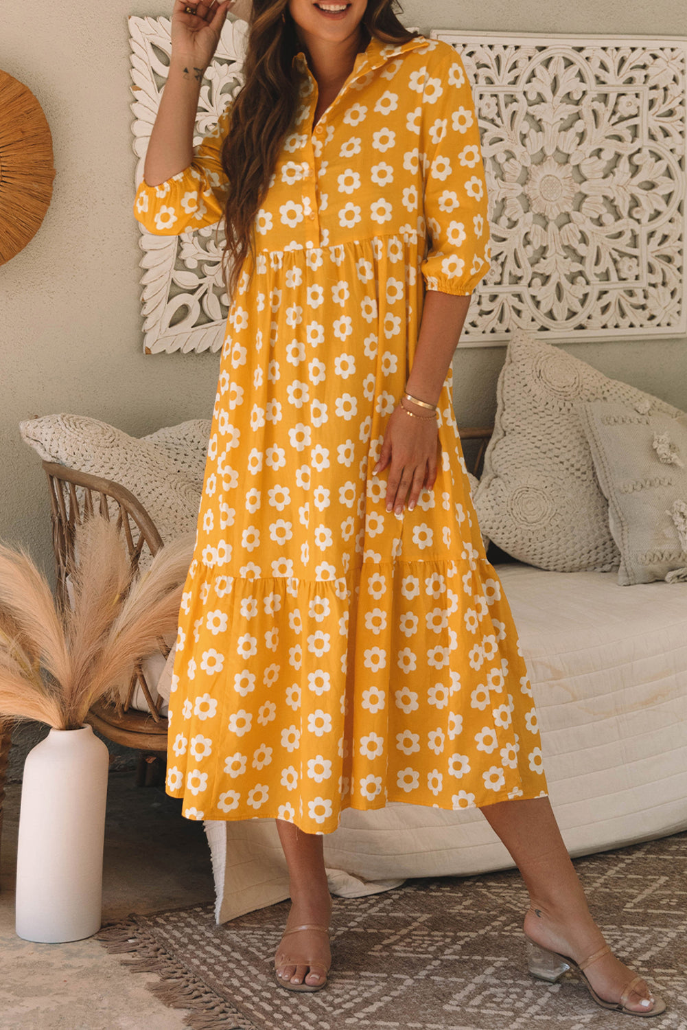 Yellow Flower Print Bracelet Sleeve Collared Maxi Dress