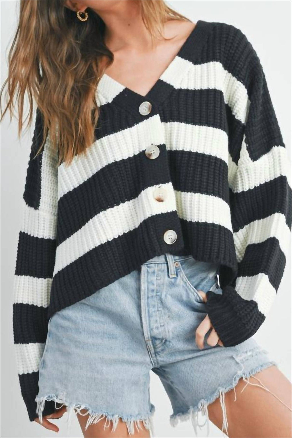 Relaxed Stripe V-Neck Long-Sleeve Cardigan