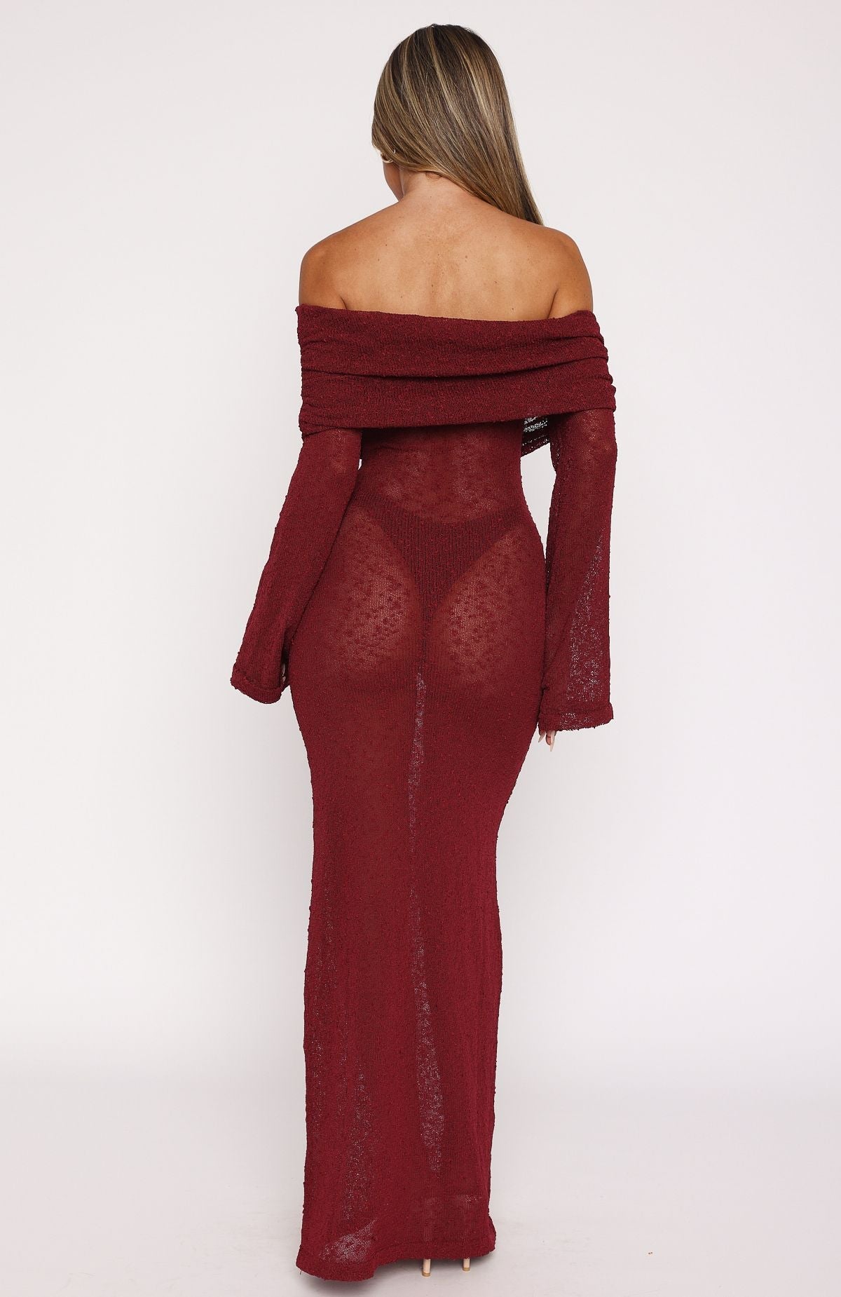 Burgundy Boucle Long Sleeve Maxi Dress
