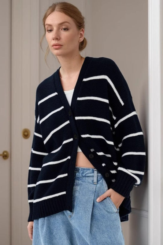 Striped V Neck Cotton Sweater