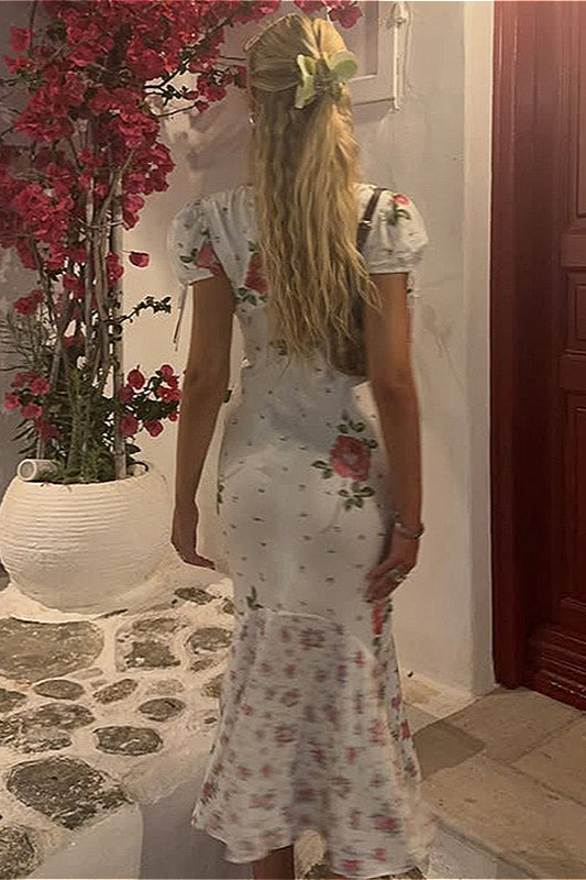 Chic Deep V Short Sleeve Slim Floral Dress