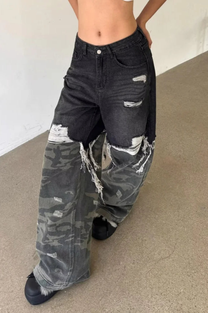 Camouflage Patchwork Baggy Wide Leg Jean