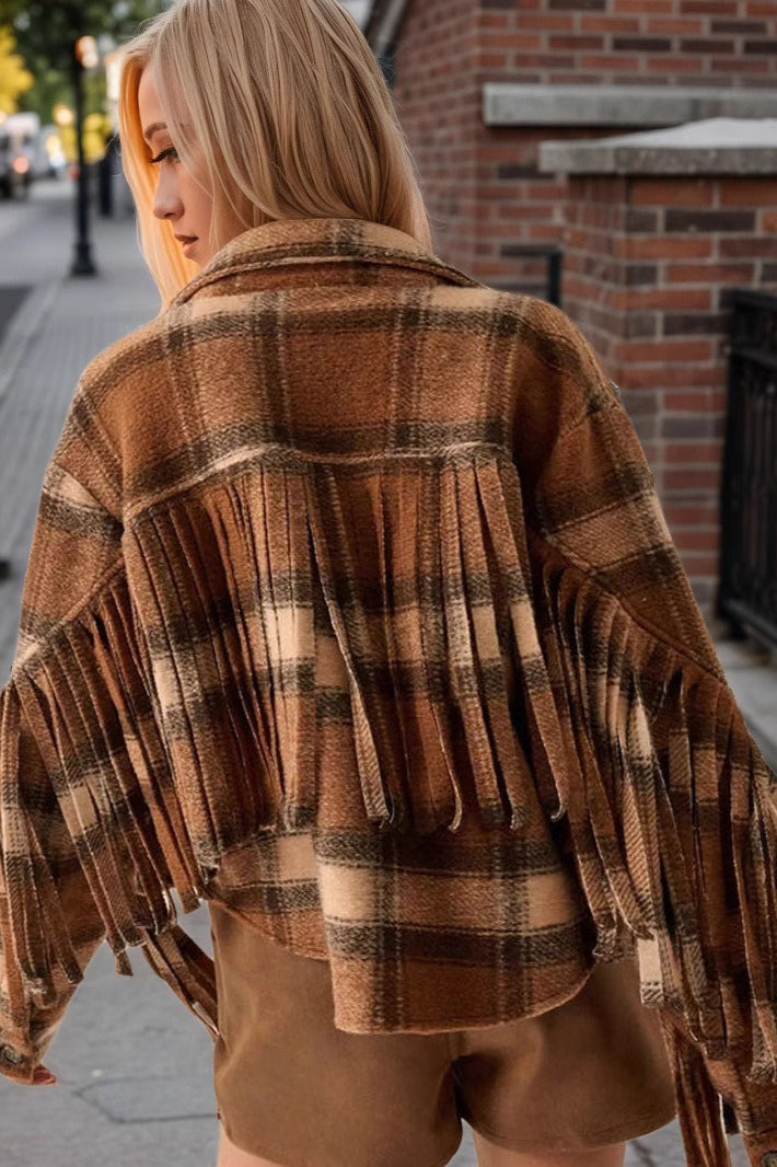 Checked Side-Fringe Wool Short Coat