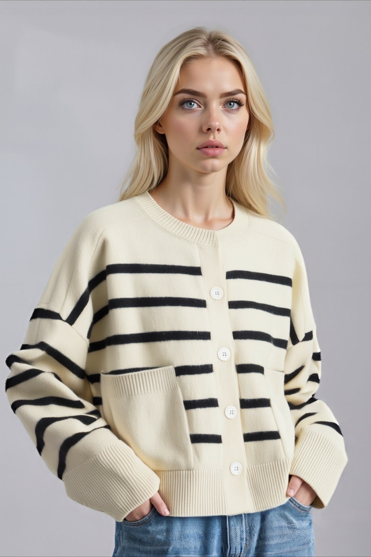 Crew-Neck Striped Pocket Knit Cardigan