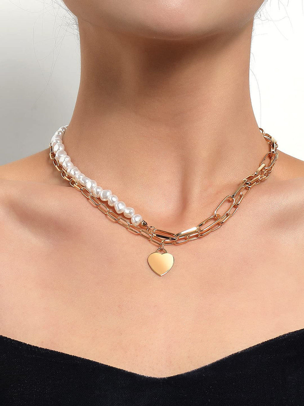 Pearl Heart Gold Layered Necklace