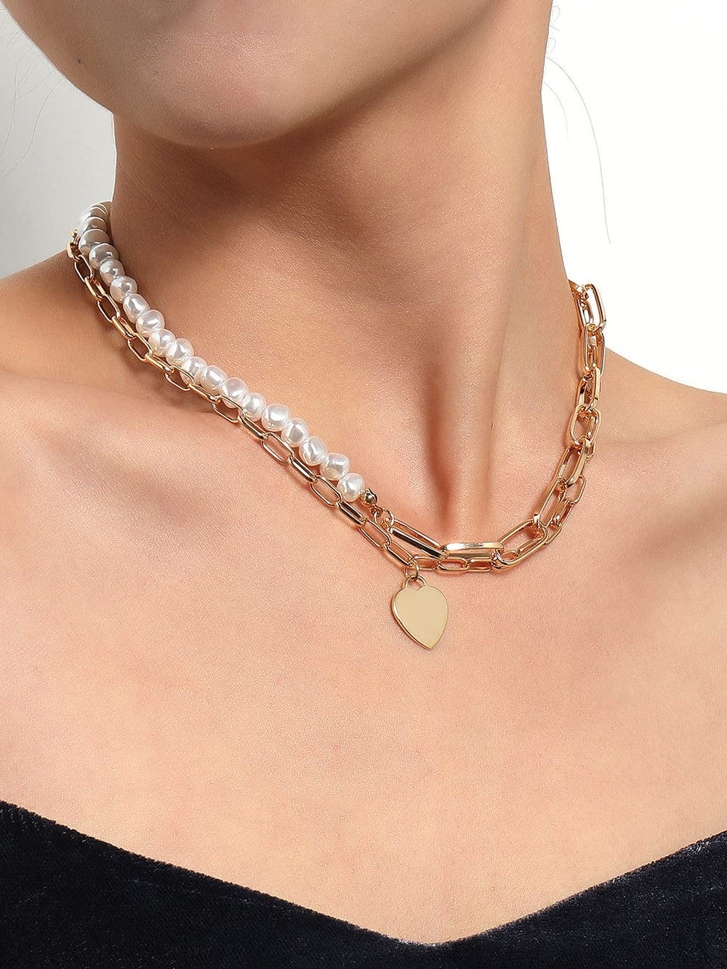 Pearl Heart Gold Layered Necklace