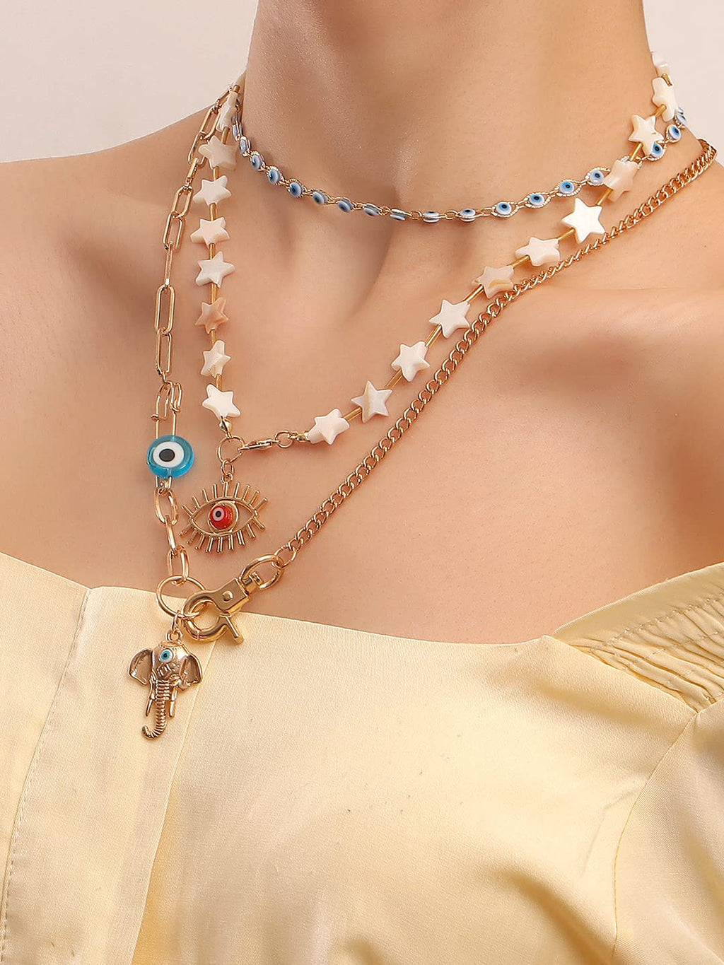 Chunky Gold Evil Eye Elephant Necklace