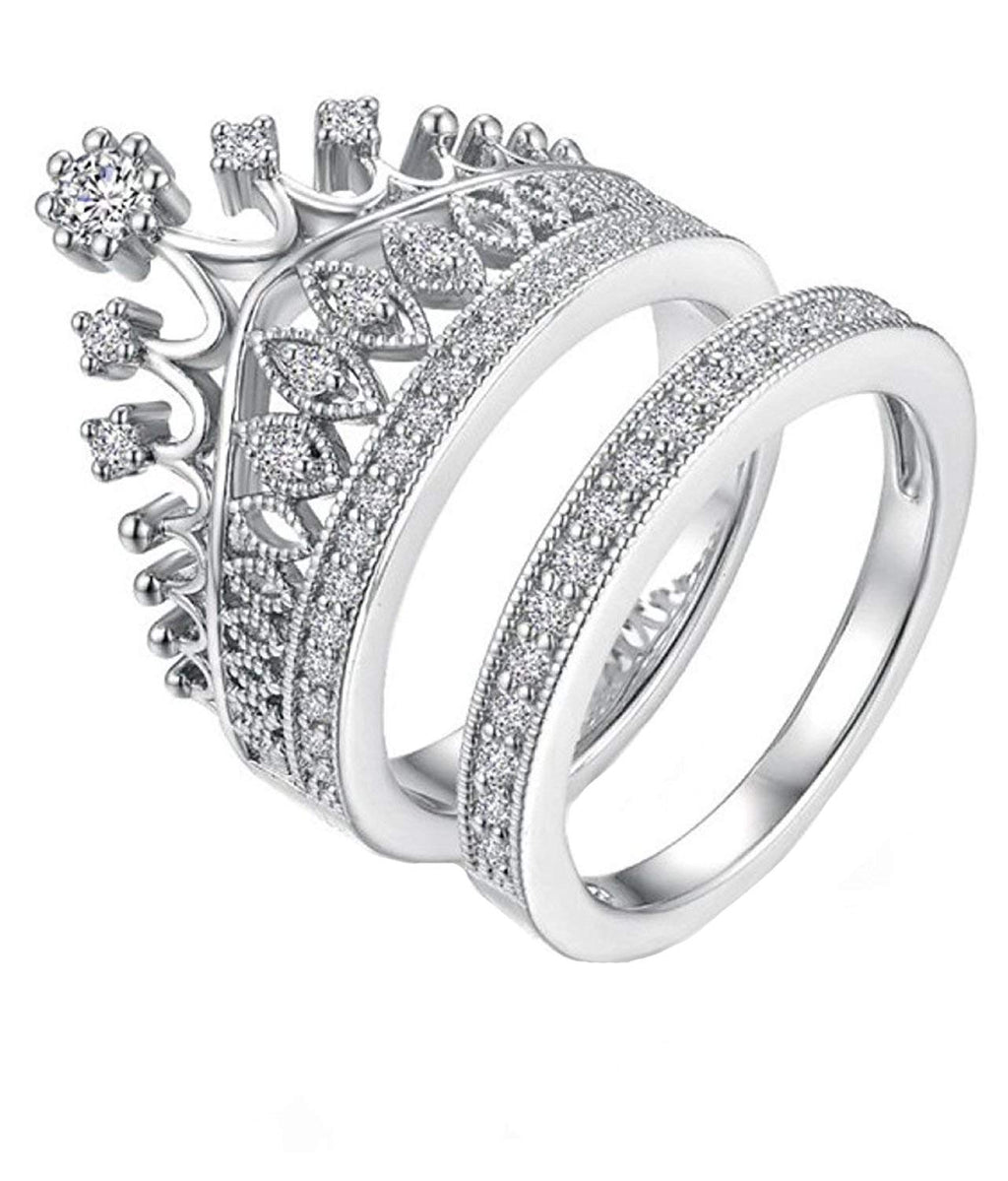 Rhodium Plated Crown Shaped Crystal Ring