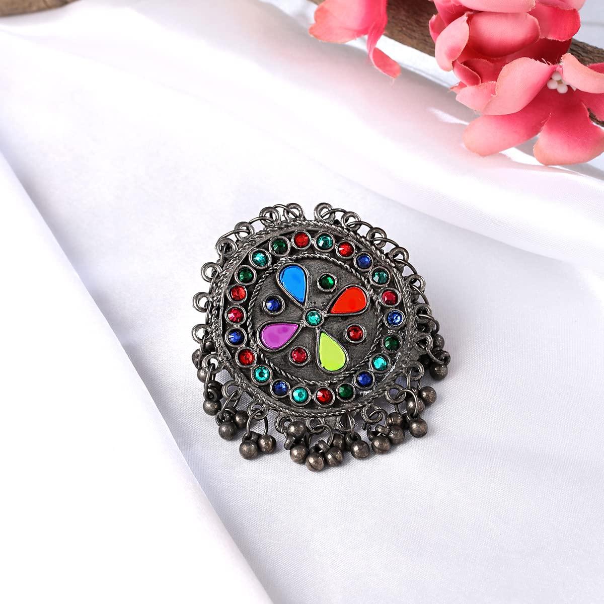 Oxidised Silver Multicolor Stone Ghungroo Ring