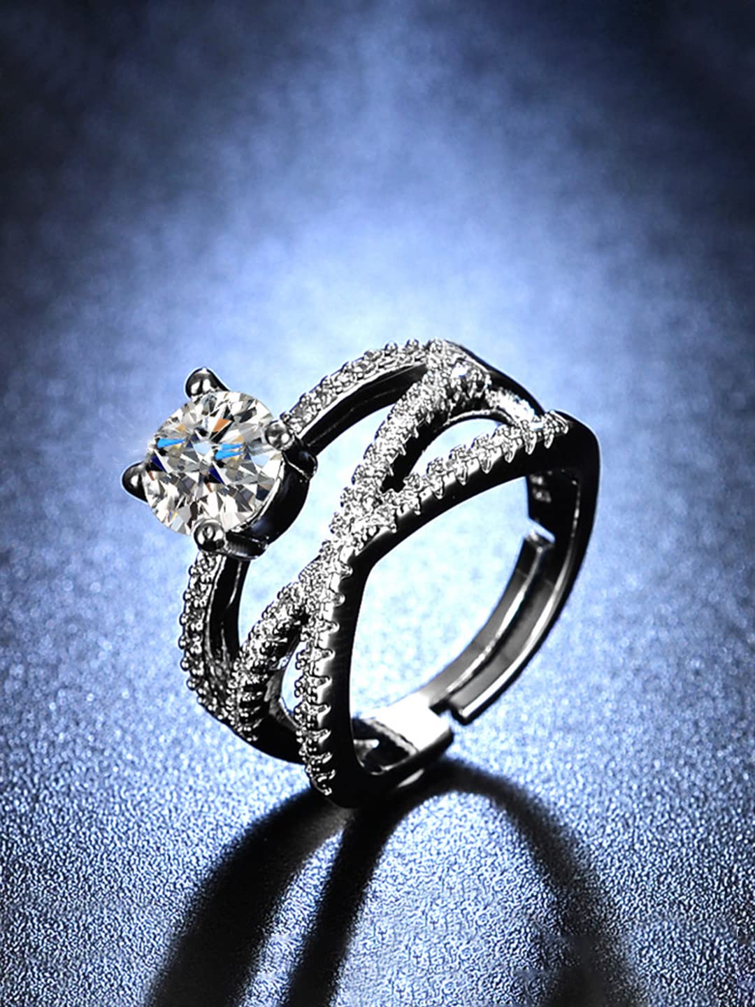 Silver Toned Adjustable Crystal Finger Ring