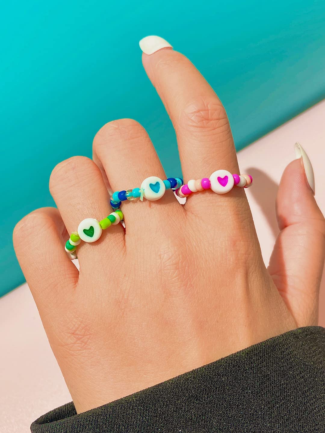 Multicolor Beads Stackable Three Piece Ring
