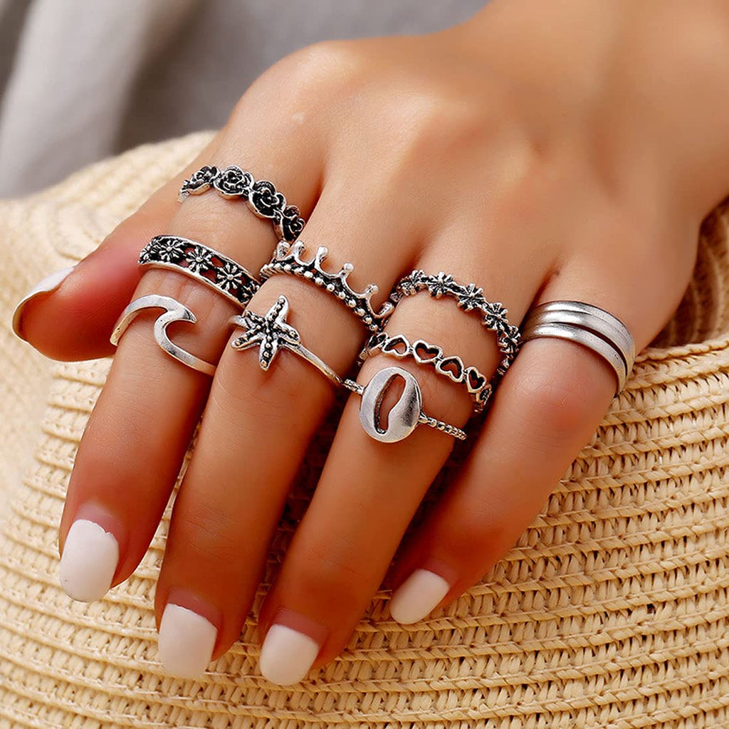 Silver Oxidised Ten Piece Boho Midi Finger Ring