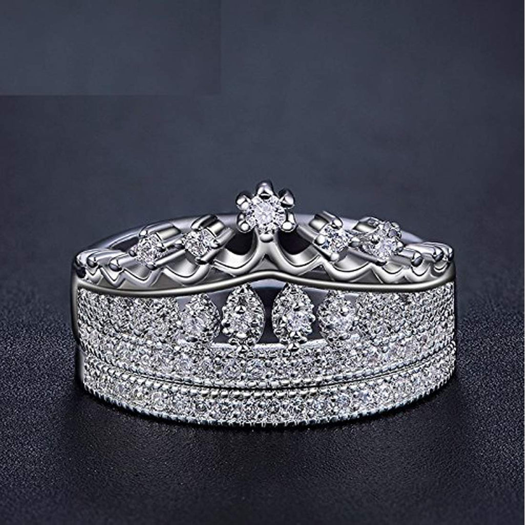 Rhodium Plated Crown Shaped Crystal Ring