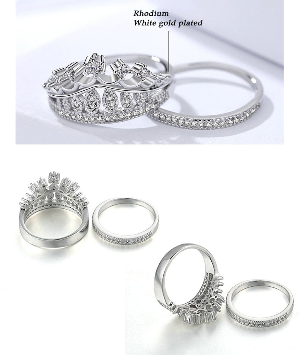 Rhodium Plated Crown Shaped Crystal Ring