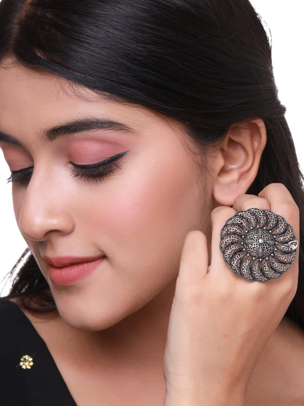 Silver Oxidised Floral Charm Finger Ring