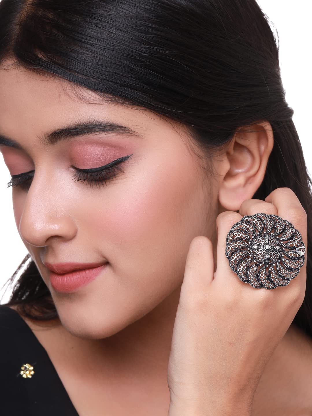 Silver Oxidised Floral Charm Finger Ring