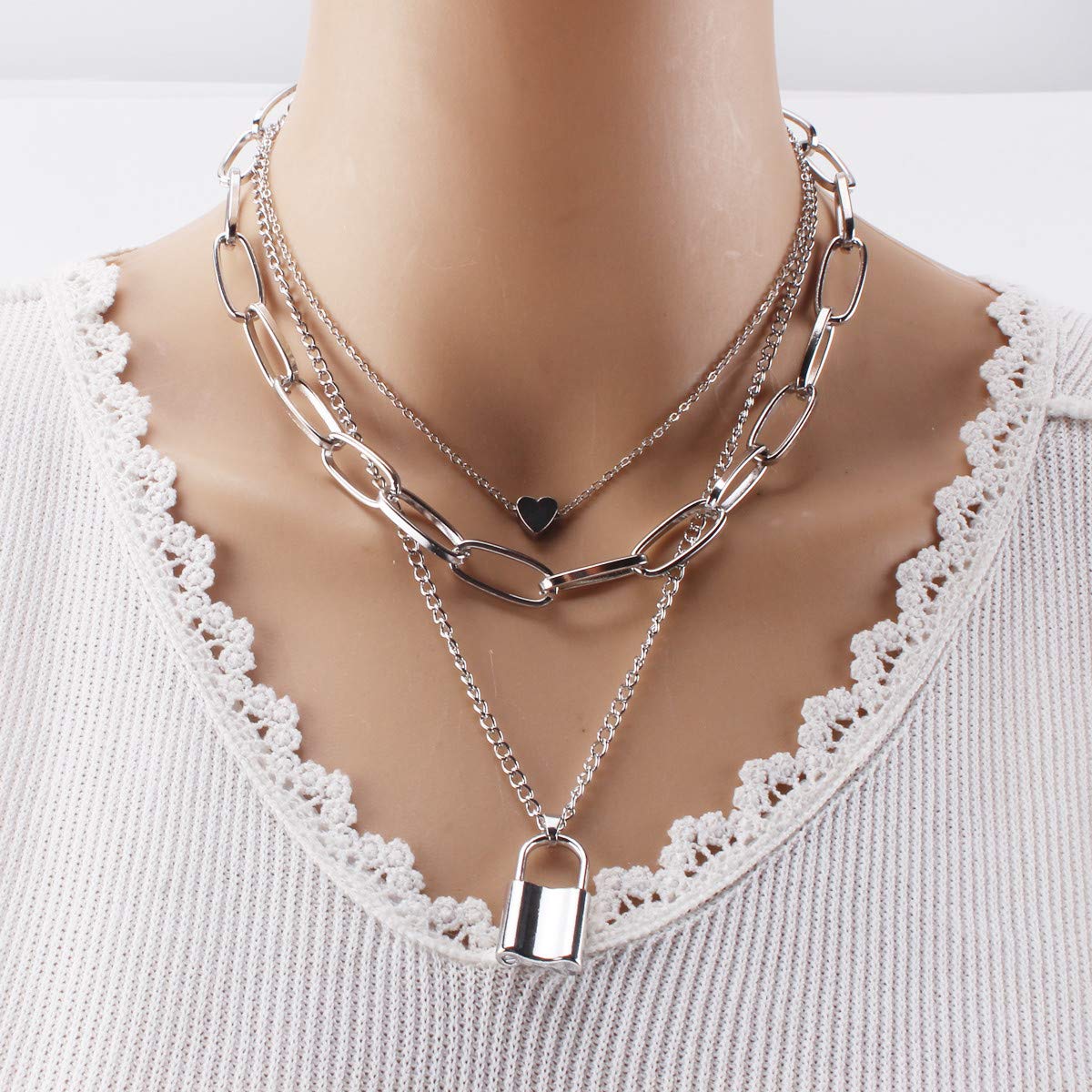 Layered Silver Key Locket Necklace