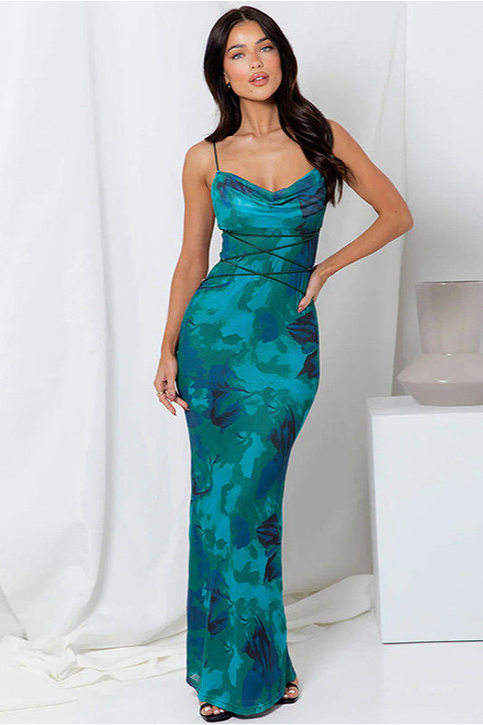 Backless Lace Up Slim Strap Floral Dress