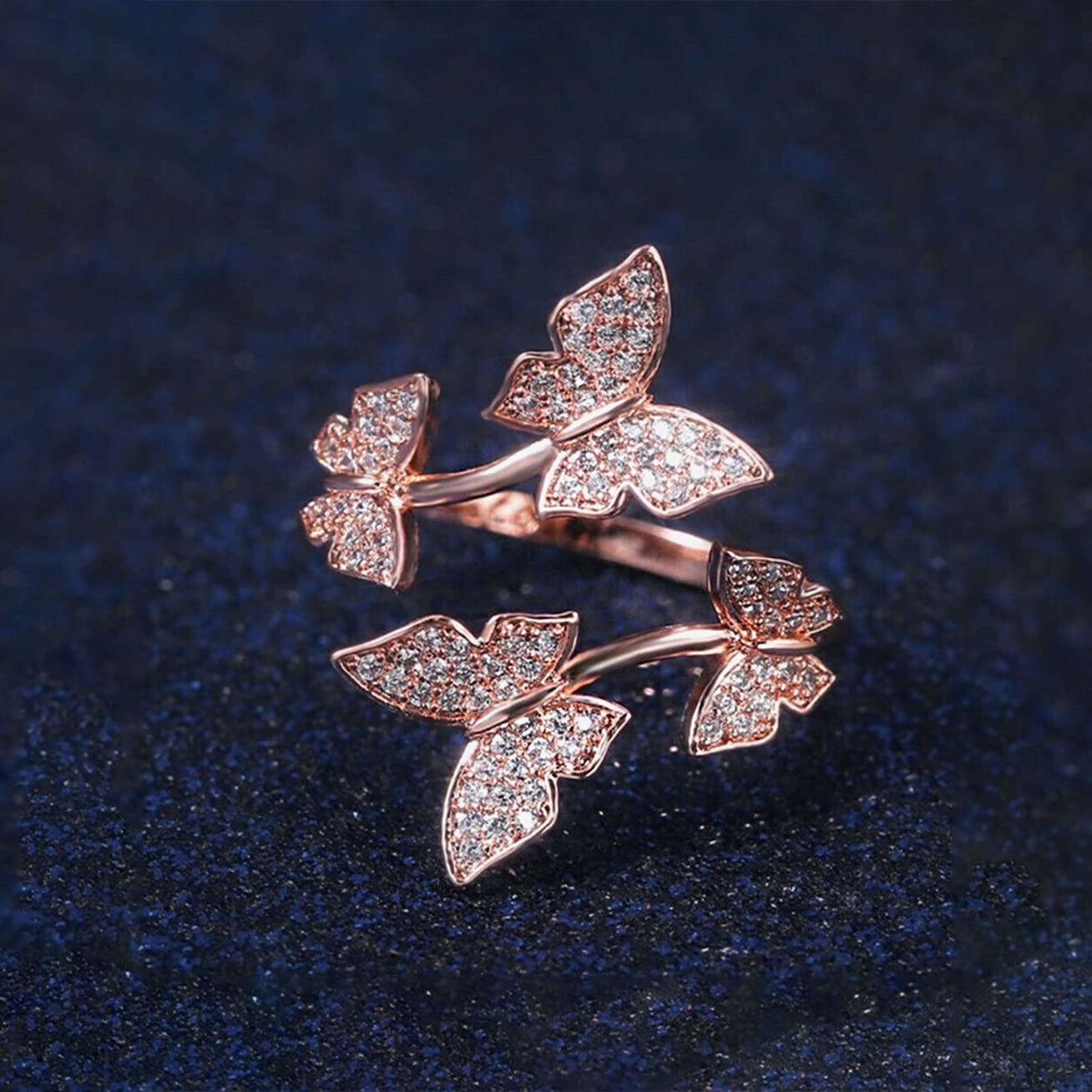 Silver Butterfly Adjustable Crystal Ring