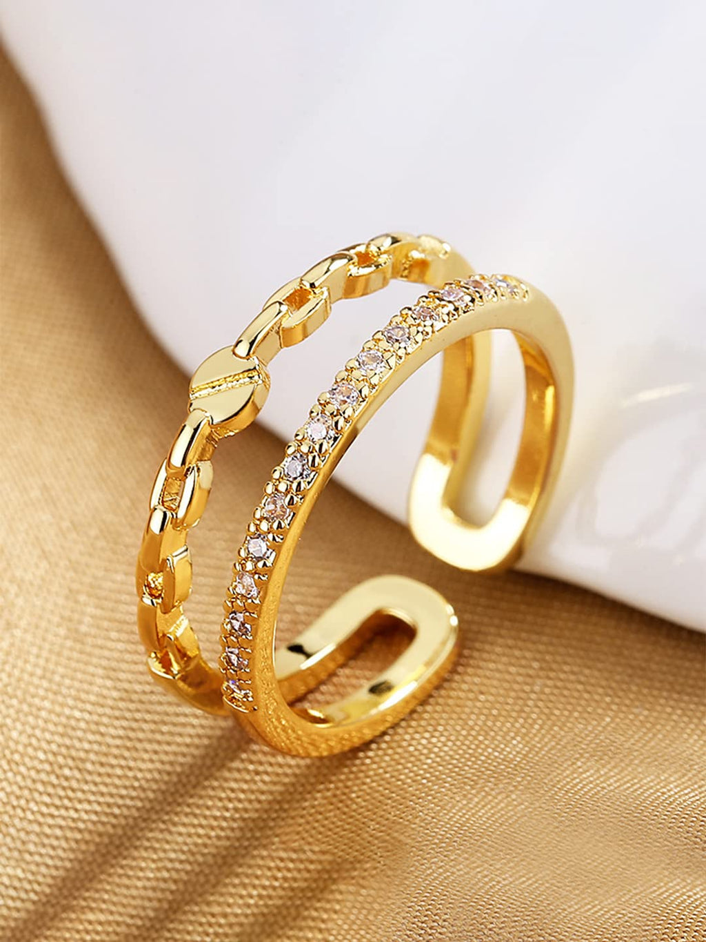 Gold Tone Crystal Multi Layer Adjustable Ring