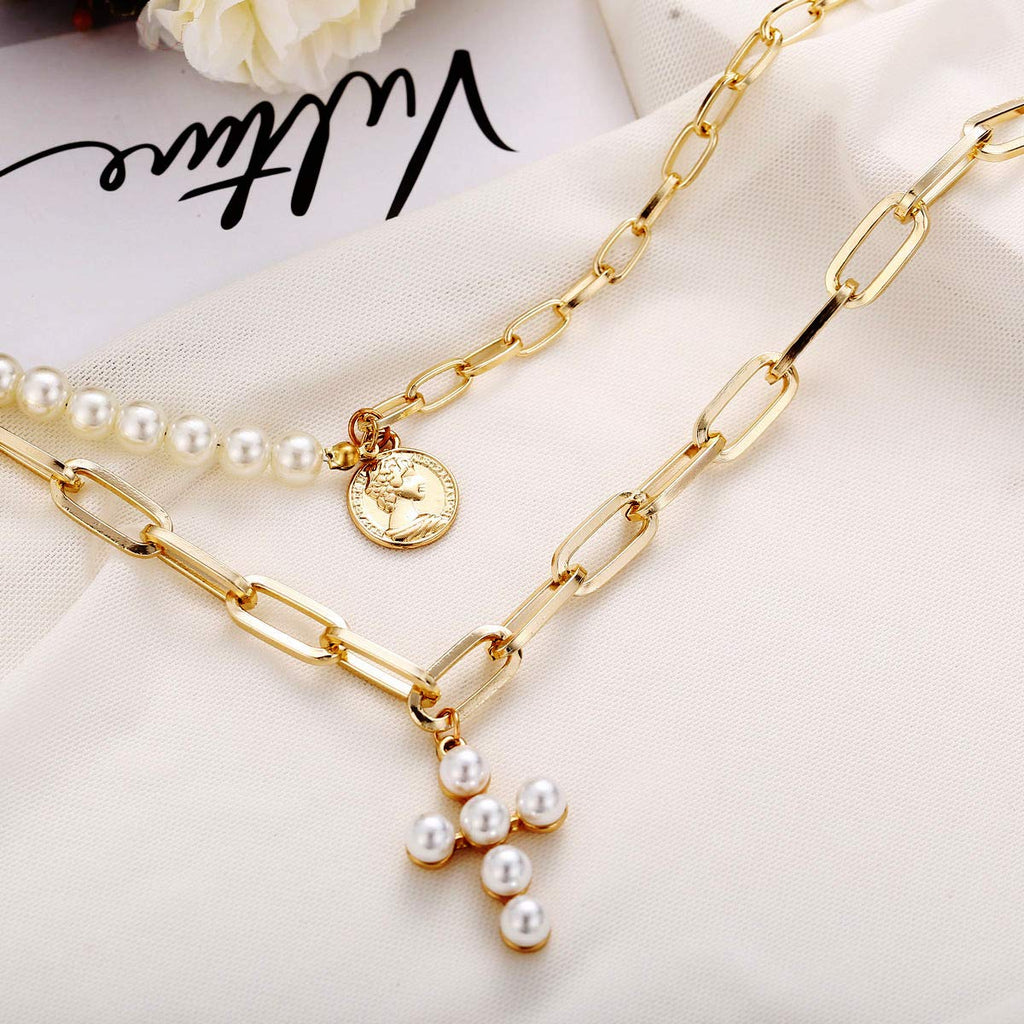 Pearl Cross Multilayer Choker Necklace