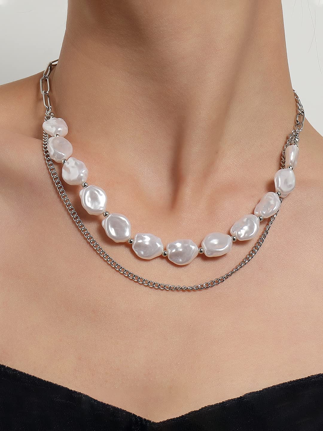 Silver Stone Multilayer Chain Necklace