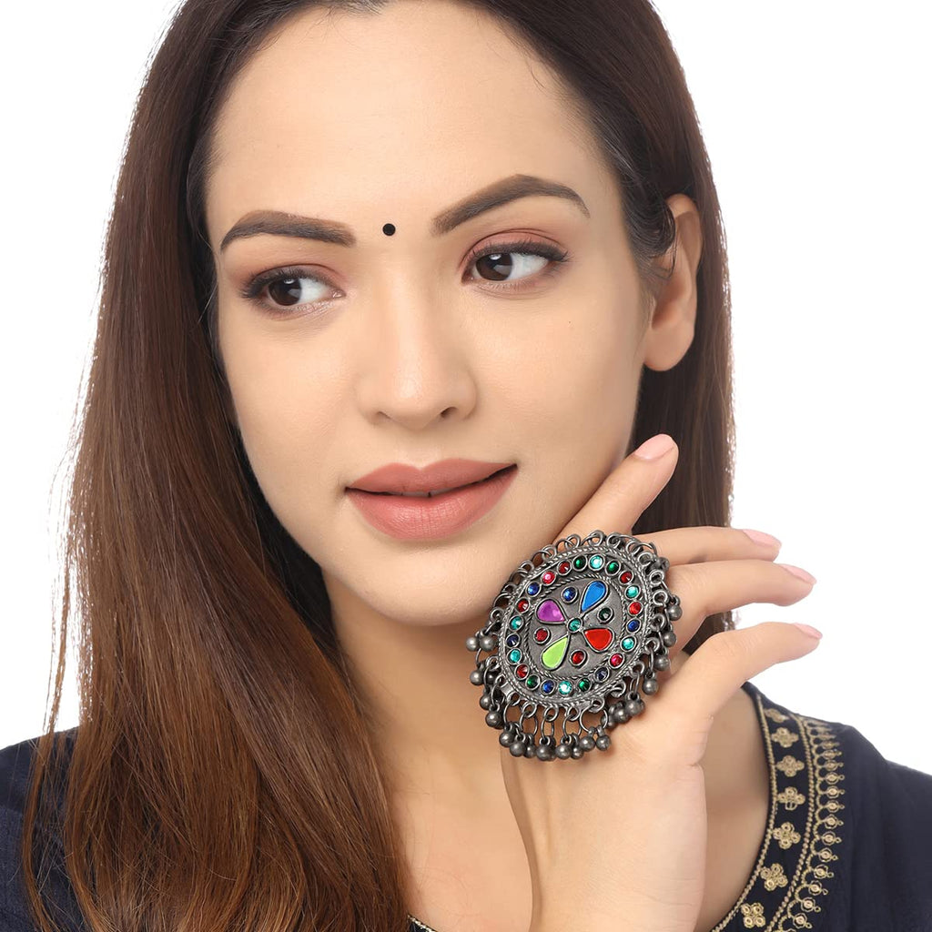 Oxidised Silver Multicolor Stone Ghungroo Ring