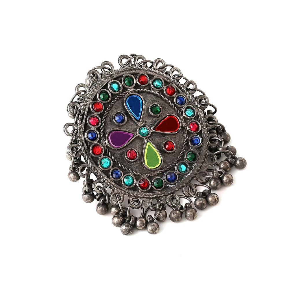 Oxidised Silver Multicolor Stone Ghungroo Ring