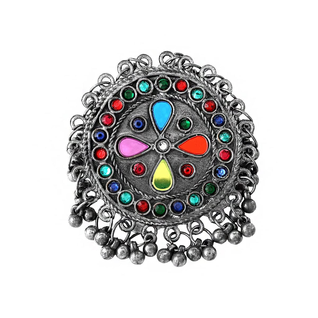 Oxidised Silver Multicolor Stone Ghungroo Ring