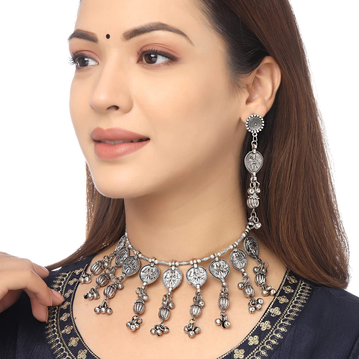 Silver Oxidised Floral Choker Necklace