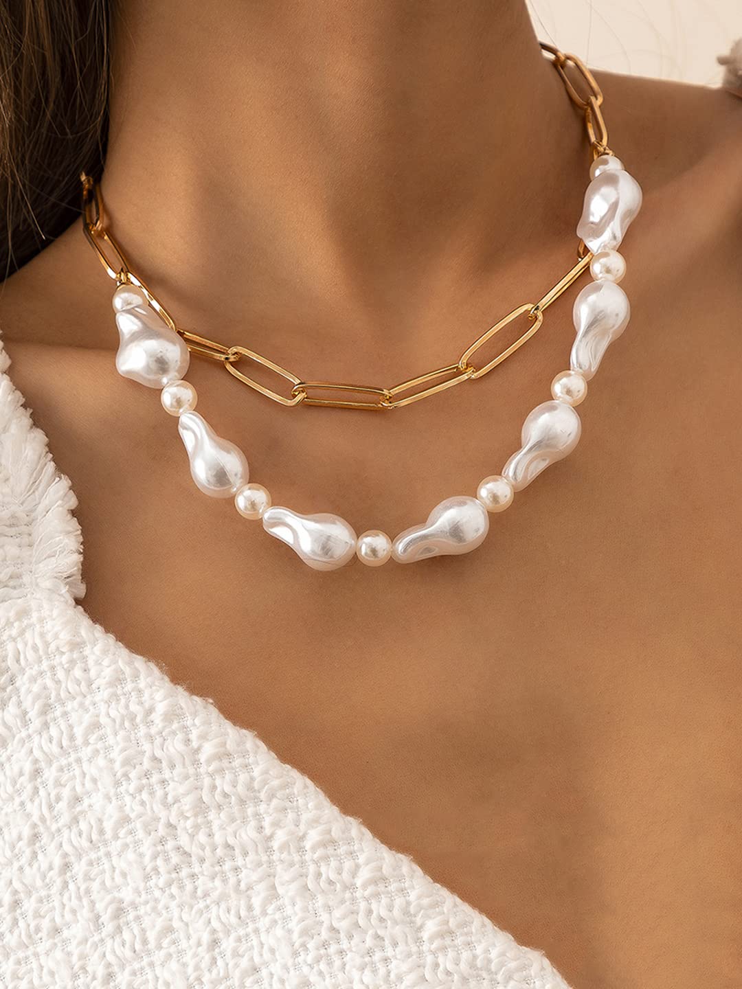 Gold Pearl Stone Layer Necklace