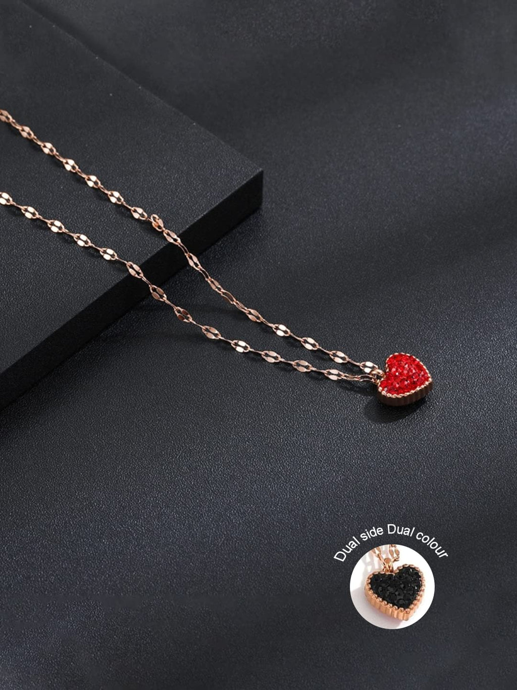 Black Red Heart Rose Gold Pendant Necklace