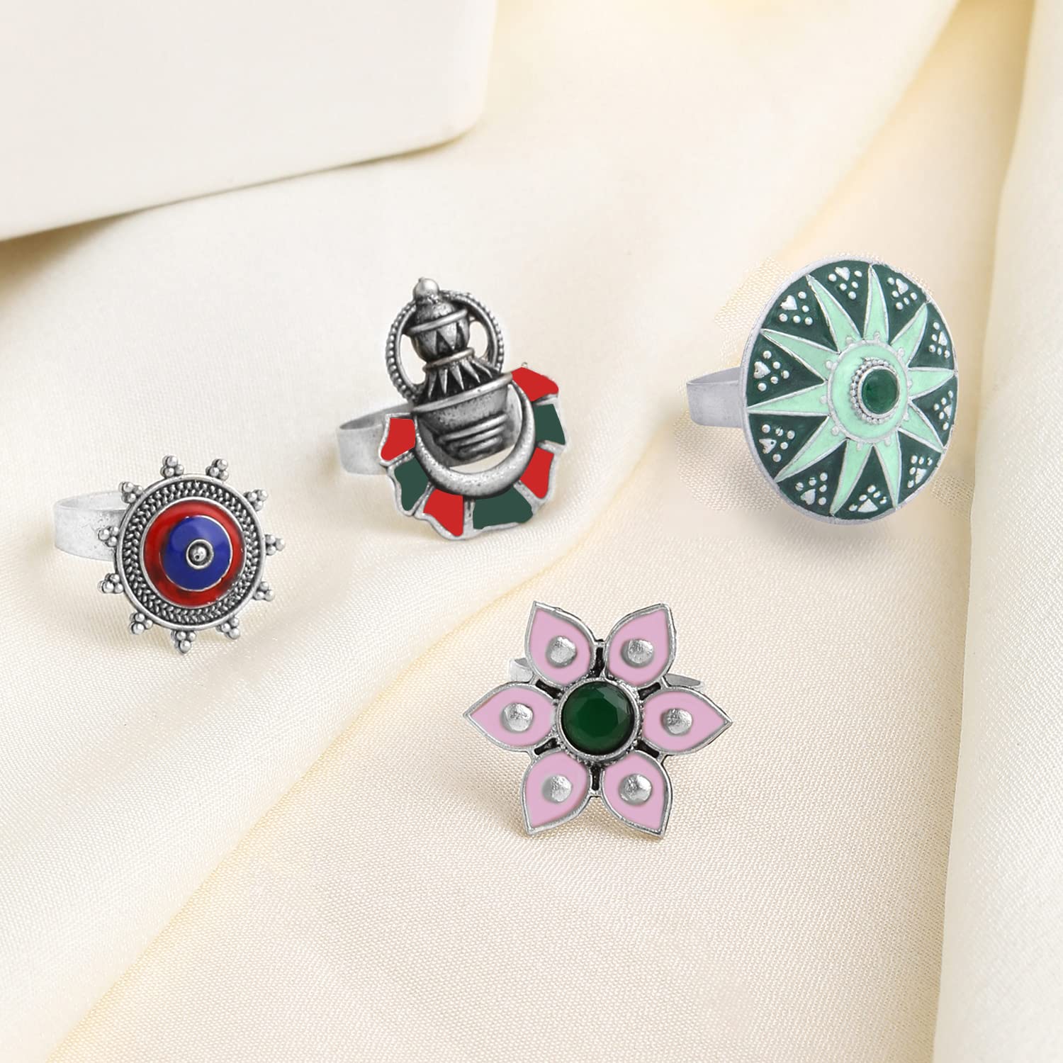 Silver Adjustable Four Piece Oxidised Ring