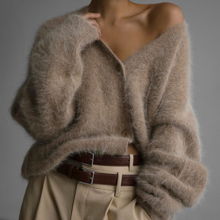 V-Neck Mink Yarn Knit Cardigan