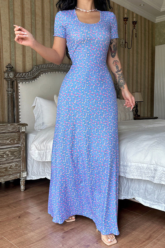 Short Sleeve Round Neck Back Strap Floral Dress